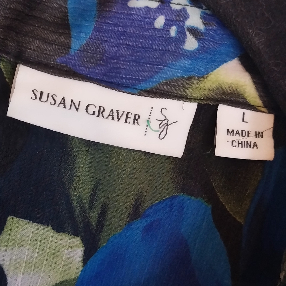Susan Graver Purple & Blue Tropical Floral Semi Sheer Button Front Blouse - Picture 3 of 8